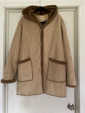 St Johns Bay Coat Womens XL Brown Eskimo Toggle Faux Suede & Fur Trim Hooded